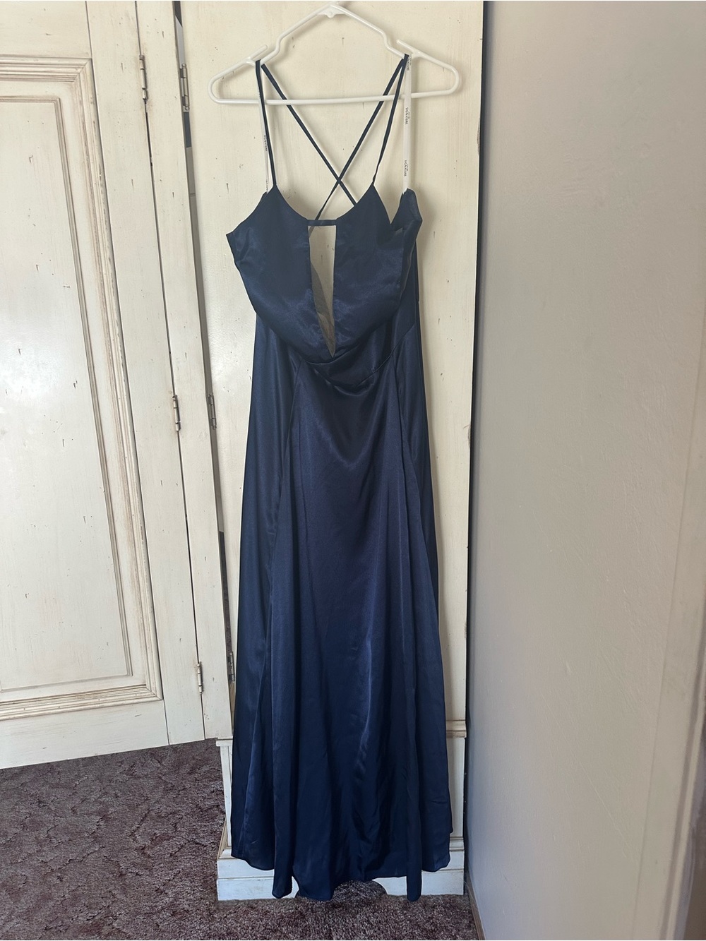 Navy Satin Slip Dress with Strappy Back